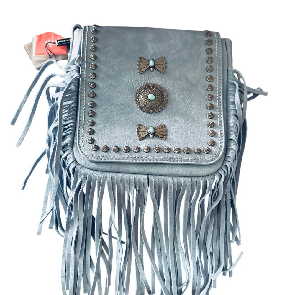 Montana West Light Blue Fringe Crossbody Bag With Zippered Pocket